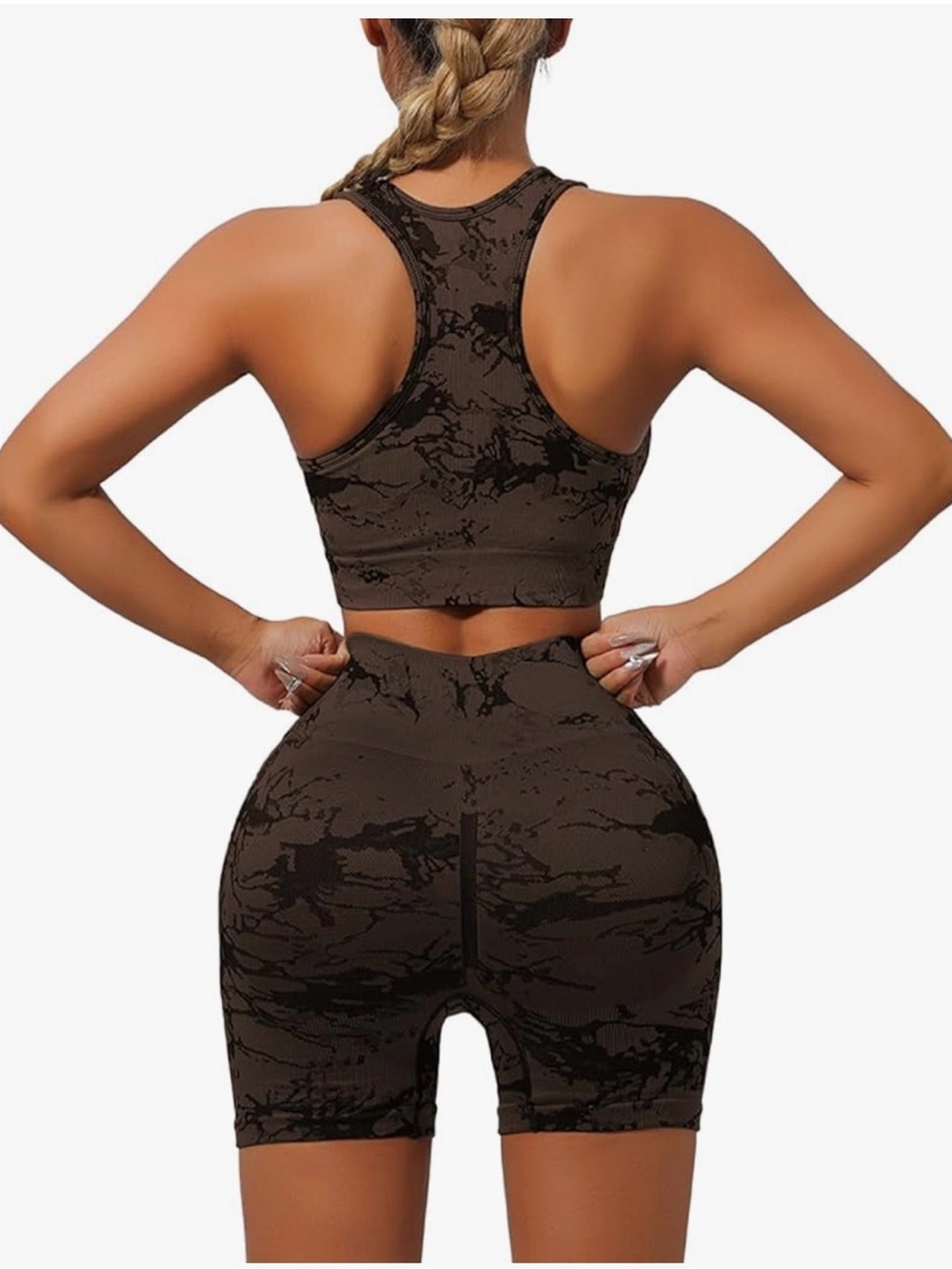 Brown Marble Print Racerback Sports Bra & High-Waist Bike Shorts Set size L